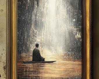 Zen Meditation by the Waterfall – Spiritual Digital Art,Mystical Zen Floating Figure Decor,Buddhist Aesthetic Print,Elegant Spiritual Gift