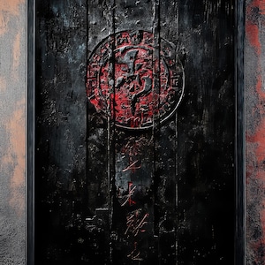May include: Framed artwork featuring a textured, dark background with a central red circular emblem. The emblem has an intricate design, and red text is visible below. The artwork is encased in a black frame.