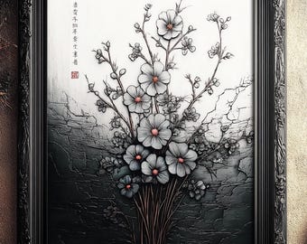 Repliken der Blütenblätter - Japanische minimalistische Wandkunst, Zen-Blüten-Digital-Poster, Kirschblüten-Line Art-Dekor, spirituelles Natur-Dekor-Geschenk
