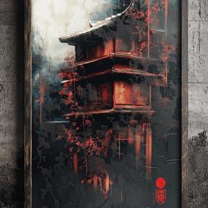 May include: A framed painting of a red wooden building with a dark background. The building is surrounded by red flowers and has a red seal with Japanese characters on the bottom right corner.
