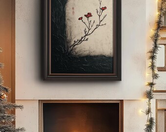 Contemporary Floral Poster,Minimal Textured Design,Quiet Bloom Artwork,Meditative Flower Art,Red Blossom Digital Print,Zen Inspired Nature
