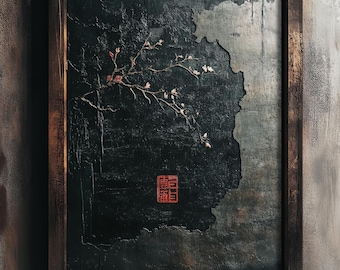 May include: A framed artwork featuring a dark, textured background with a branch of pink blossoms. A red seal is in the lower right corner. The frame is made of dark wood.