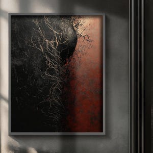 May include: Abstract art print with a black and gold textured background and a red and orange textured foreground.