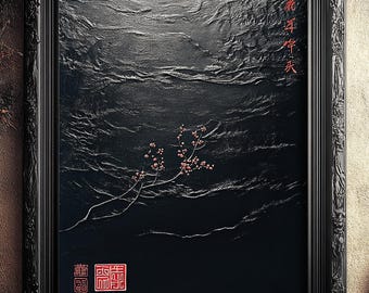 May include: A black framed painting with a dark background and a textured surface. The painting features a small branch with red berries and the text "花开年年" in red. The bottom right corner of the painting has a red stamp with the text "書畫" in black.