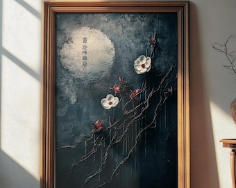 Lunar Bloom – Wabi-Sabi Moonlight Botanical Art,Zen Night Decor,Meditative Botanical Painting,Crimson Flower Poster,Japanese Textured Gift
