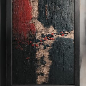 May include: Abstract painting in a black frame. The artwork features textured brushstrokes in black, red, and gold. A branch with red and black accents is painted across the center. Japanese characters are visible in the upper left corner.