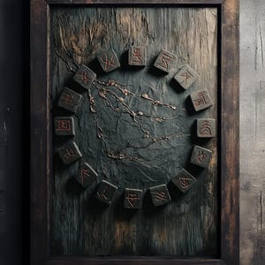 May include: A framed artwork featuring a dark, textured background with a circular arrangement of square, stone-like blocks. Each block has a red symbol. The frame is dark brown, and the overall aesthetic is rustic and mysterious.