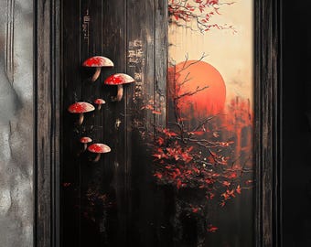 Surreal Mushroom Print,Japanese Zen Fantasy Art,Nature-Inspired Surreal Poster,Zen Forest and Crimson Sun Decor,Wood Texture Mushroom Print