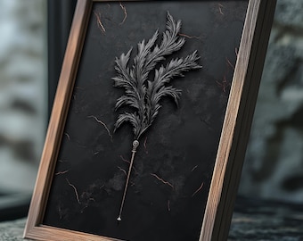 May include: A framed black and white print of a stylized black fern with a long, thin stem. The fern is set against a dark background with subtle red veins.