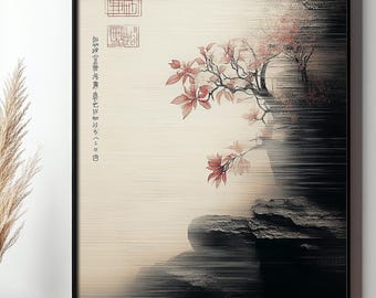 Timeless Japanese Artwork,Tranquil Nature Scene,Cherry Blossom Serenity – Abstract Digital Art,Soft Neutral Wall Art,Misty Mountain Print