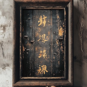 May include: A framed wooden sign with black paint and gold lettering. The sign has Chinese characters on it.