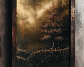 Golden Roots – Wabi-Sabi Nature Wall Art,Japandi Poster,Zen Botanical Print,Abstract Landscape Artwork,Textured Tree Root Digital Decor Gift