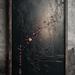 Stampa minimalista giapponese di fiori di ciliegio, stampabile Wabi-Sabi scuro, decorazione floreale Zen, illustrazione digitale asiatica di ramo di sakura, arte meditativa
