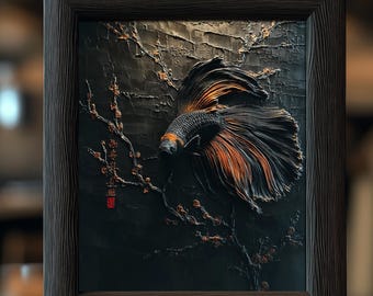 Wabi-Sabi Betta Abstract Wall Art,Siamese Fighting Fish Print,Kintsugi Artwork,Fluid Motion Poster,Gold and Black Decor,Abstract Nature Gift