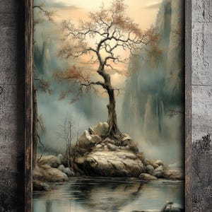 Mystical Tree on a Rocky Island – Fantasy Landscape Art Print,Foggy Cliffs and Ancient Tree Printable,Serene Landscape with Tree Reflection