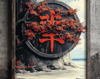 Japanese Symbol Decor,Dark Aesthetic Print,Cherry Blossom & Kanji Sign Oriental Art,Zen Calligraphy  Textured Japan Print,Wabi Sabi Poster