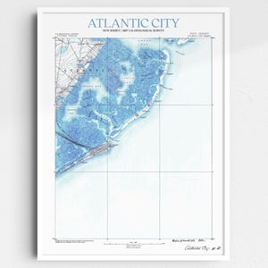 May include: A vintage map of Atlantic City, New Jersey, from 1907. The map is printed in blue and white and shows the city's streets, waterways, and coastline. The map is titled "Atlantic City, New Jersey" and includes the text "1907 U.S. Geological Survey".