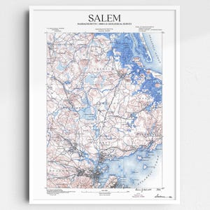 May include: A vintage map of Salem, Massachusetts, from the 1950s U.S. Geological Survey. The map shows the city's streets, waterways, and surrounding areas in shades of blue and brown.