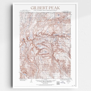 May include: A vintage topographic map of Gilbert Peak, Utah-Wyoming, printed by the U.S. Geological Survey. The map features brown contour lines and blue water features.
