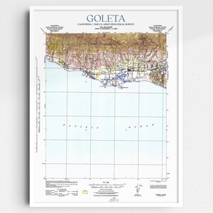 May include: A vintage map of Goleta, California, printed by the U.S. Army Geological Survey. The map shows the area's topography, roads, and waterways. The map is in black, white, and shades of brown and blue.