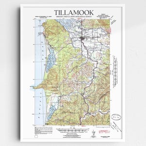 May include: A vintage topographic map of Tillamook, Oregon, printed by the U.S. Army Geological Survey. The map shows the terrain, roads, and waterways of the area. The map is in black, white, blue, green, and brown.