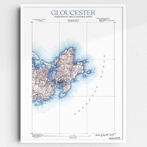 May include: A vintage map of Gloucester, Massachusetts, printed in black and white with blue and brown accents. The map shows the coastline and surrounding islands. The title "GLOUCESTER" is printed at the top of the map. The text "MASSACHUSETTS | 1908 U.S. GEOLOGICAL SURVEY" is printed below the title. The text "Edition of July 1908 (1923)" is printed in the bottom right corner of the map.