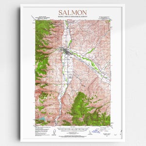 May include: A vintage topographic map of Salmon, Idaho, printed by the U.S. Geological Survey. The map shows the city's layout, roads, and surrounding terrain.