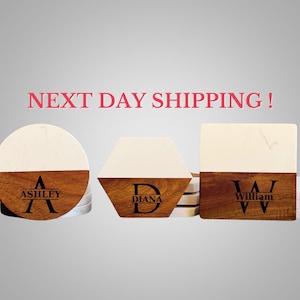 Engraved Coasters, Personalized Round Coaster Set, Custom Housewarming Gift, Personalized Anniversary Gift, Marble Wood Drink Coasters