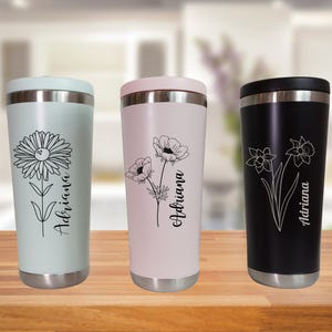 Personalized Birth Flower Engraved Tumbler: Stainless Steel Water Bottle