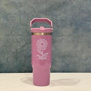 Personalized Birth flower Tumbler - Tumbler with handle and straw - Unique valentine&#39;s day gift - Stainless Steel 30oz -Insulated tumbler
