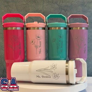Personalized Birth flower Tumbler - Tumbler with handle and straw -Custom Tumbler for names -Stainless Steel Tumbler 30oz -Insulated tumbler