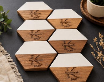 Juego de posavasos de madera grabada y mármol, regalo personalizado