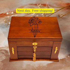 Custom Engraved Wooden Jewelry Box Mothers Day Gift for Mom Wife Ideas Custom Mothers Day Gift for Grandma Large Jewelry Box Organizer