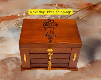 Custom Engraved Wooden Jewelry Box, Personalized Floral Keepsake