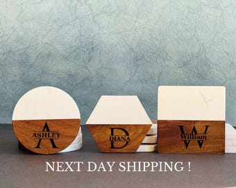 Posavasos personalizados de mármol y madera, set de regalo de boda grabado