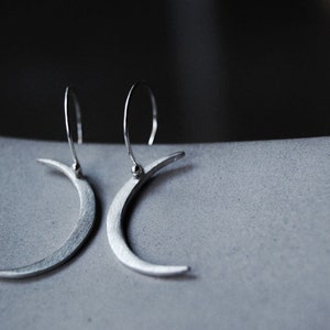 Modern Crescent Moon Earrings- Hand cut brushed sterling silver moon shapes
