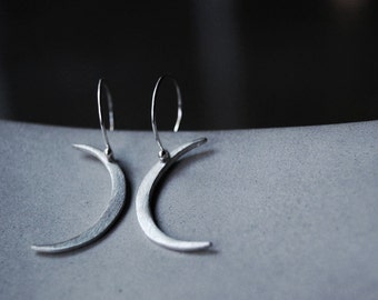 Modern Crescent Moon Earrings- Hand cut brushed sterling silver moon shapes