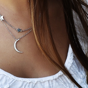 Mini Crescent Moon and Stars Layered Necklace Modern Silver Crescent Moon Shape with Three Tiny Star image 1