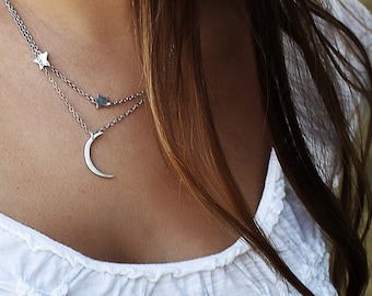 Mini Crescent Moon and Stars Layered Necklace-  Modern Silver Crescent Moon Shape with Three Tiny Star