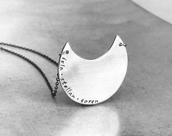 Eclipse Quote Necklace- Handcrafted in Brushed Sterling Silver- Crescent Moon Shape Necklace with Custom Words or Names