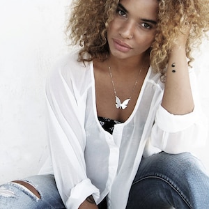 Butterfly Necklace in Brushed Sterling Silver with Custom Words- Modern Butterfly.