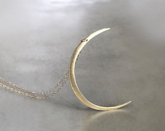 Solar Eclipse Necklace-  Large Yellow Brass Crescent Moon Shape, Gold Moon Necklace