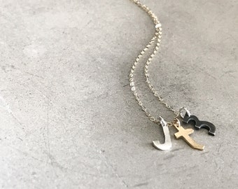 Initial Letter Necklace- Family Necklace- Custom handcut letters in sterling silver, oxidized black or yellow brass.