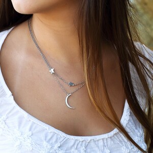 Mini Crescent Moon and Stars Layered Necklace Modern Silver Crescent Moon Shape with Three Tiny Star image 3