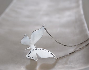 Modern Butterfly Necklace in Brushed Sterling Silver with Custom Words
