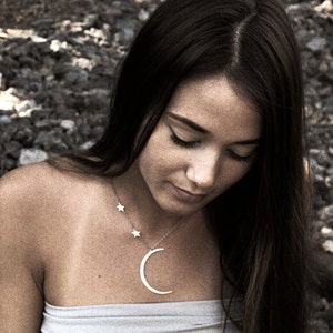 Moon and Stars Necklace- Two Custom Initial stars and Crescent Hammered Moon