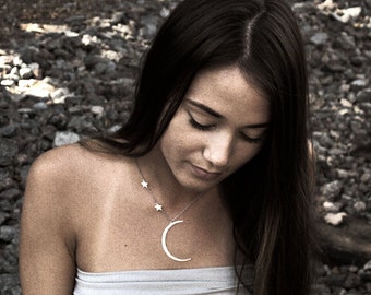 Moon and Stars Necklace- Two Custom Initial stars and Crescent Hammered Moon