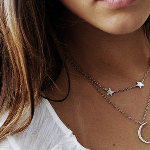 Mini Crescent Moon and Stars Layered Necklace Modern Silver Crescent Moon Shape with Three Tiny Star image 5
