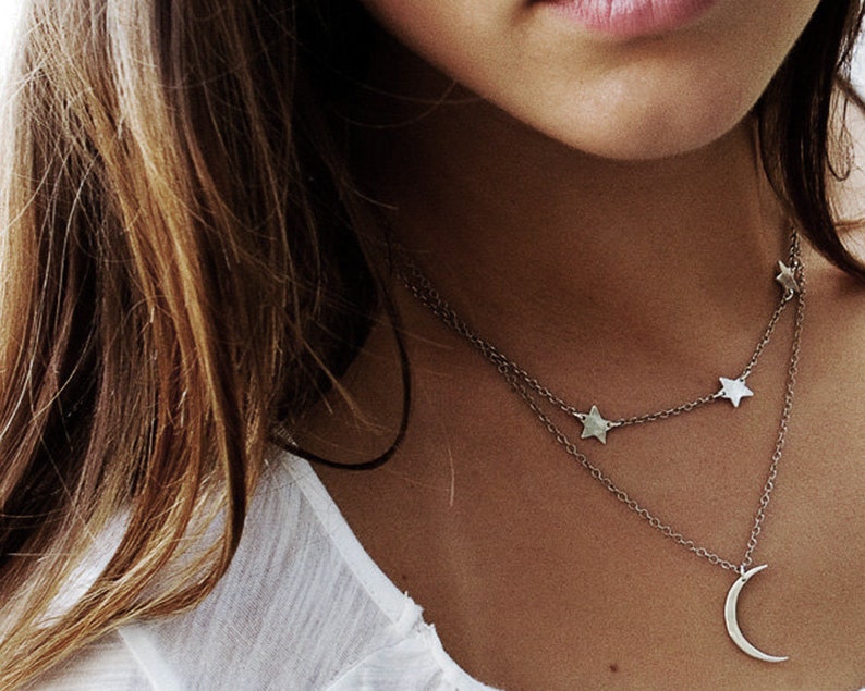 Mini Crescent Moon and Stars Layered Necklace Modern Silver Crescent Moon Shape with Three Tiny Star image 5