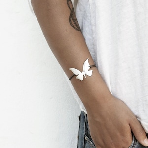 Modern Butterfly Bracelet in Brushed Sterling Silver with Custom Words
